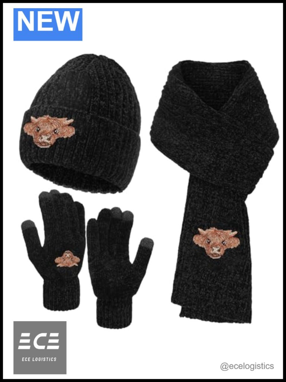 Winter Knit Hat Long Scarf Touch Screen Gloves 3 Piece Set